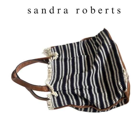 🍭3/$15 Sandra Roberts navy blue & white striped fringe large tote handbag - Picture 3 of 14